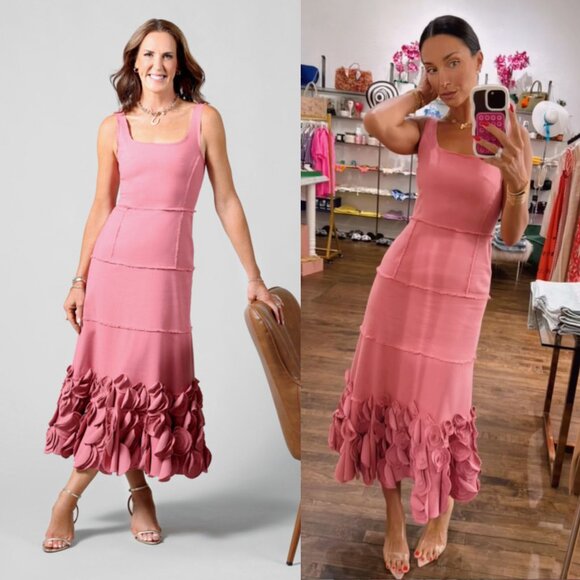 Alexis Demina Rose Pink Rosette Midi Dress Size XXS Raw Edge Floral Sleeveless - Picture 15 of 15